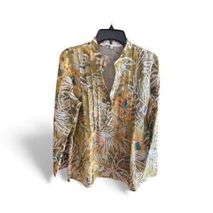 Great Cavalier tropical print tunic pintuck pleats side splits bell sleeves Sz S